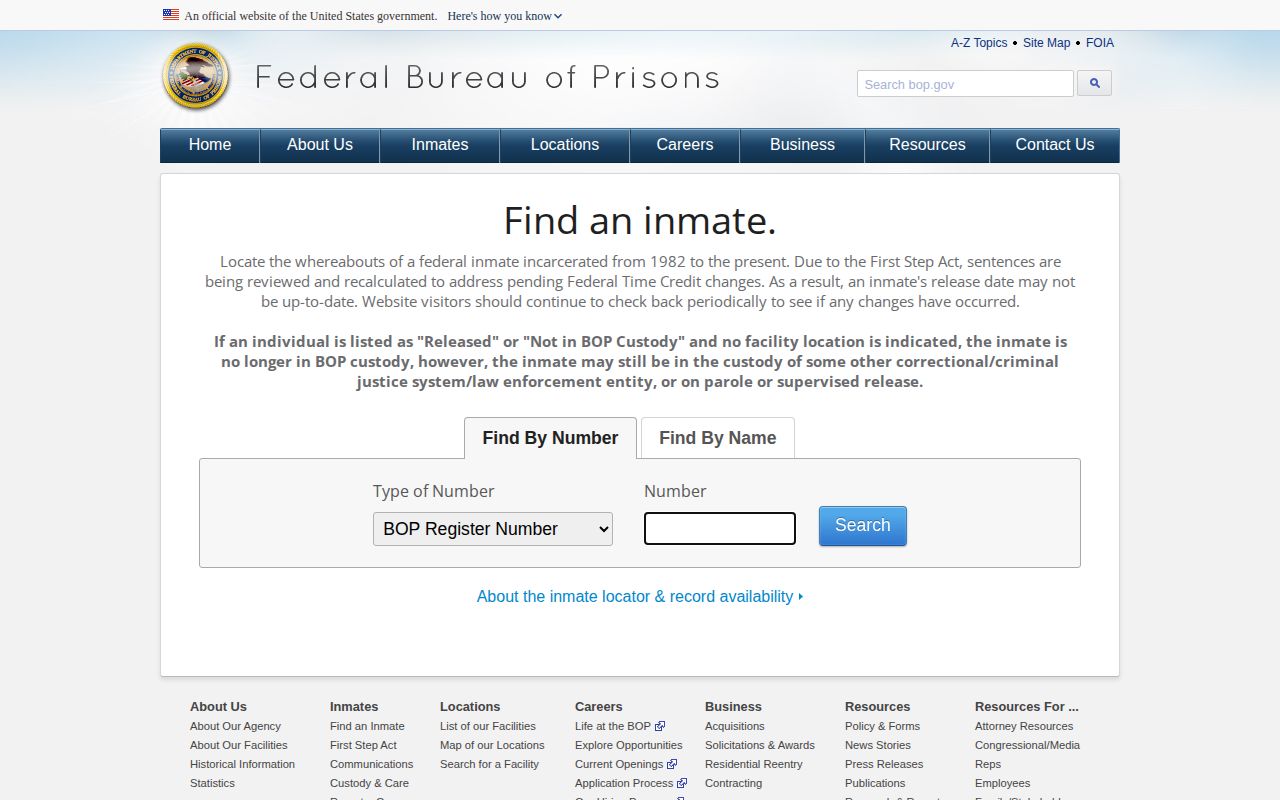 Federal Bureau of Prisons locator release fields for a Leelanau County inquiry
