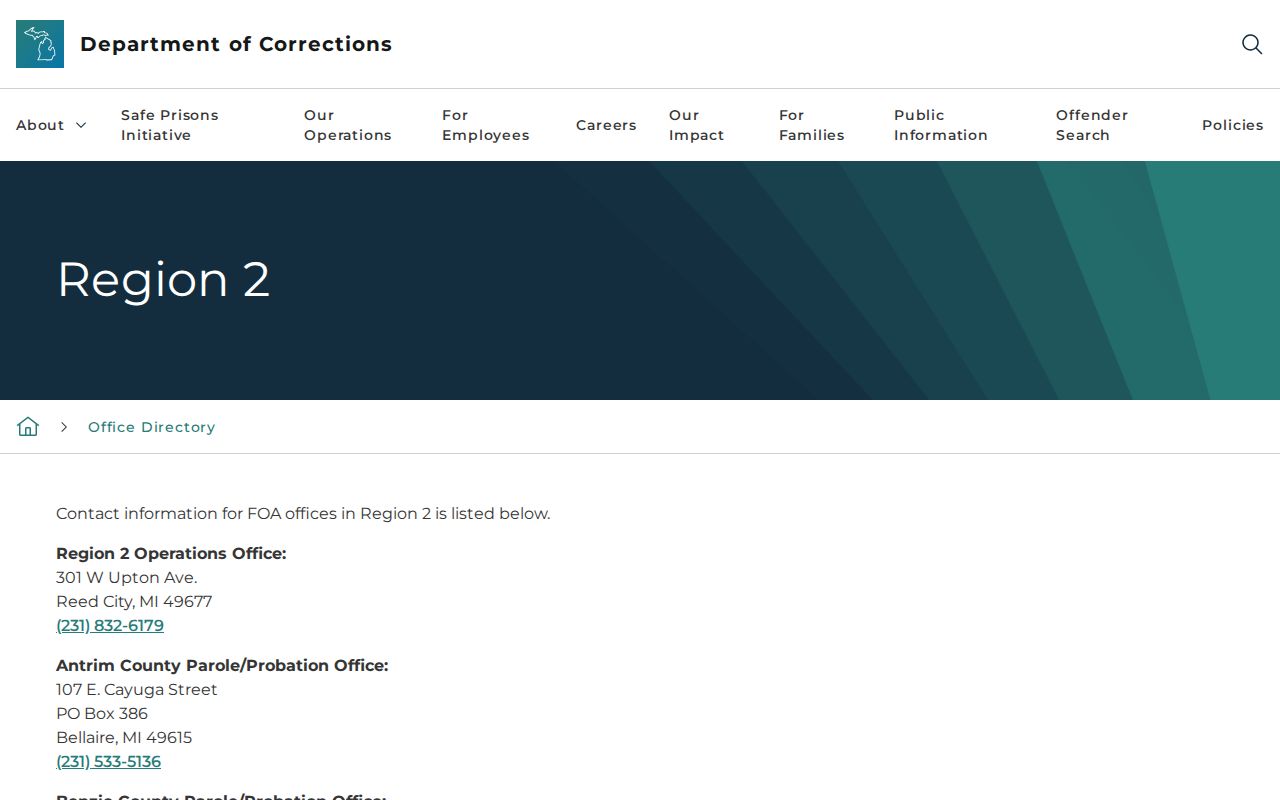Leelanau County parole and probation office in the MDOC Region 2 directory